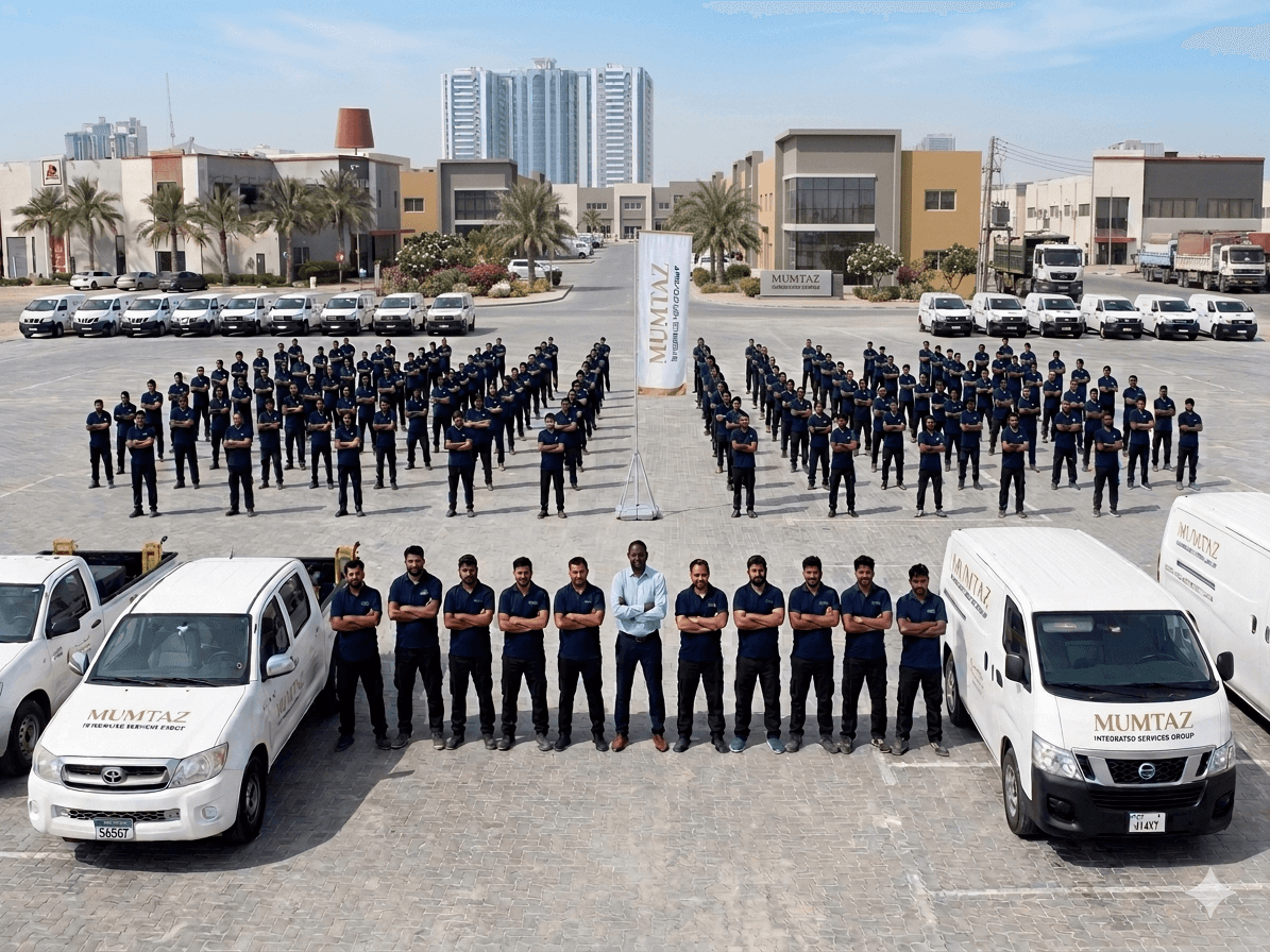 The MUMTAZ workforce and vehicle fleet outside the Sharjah head office