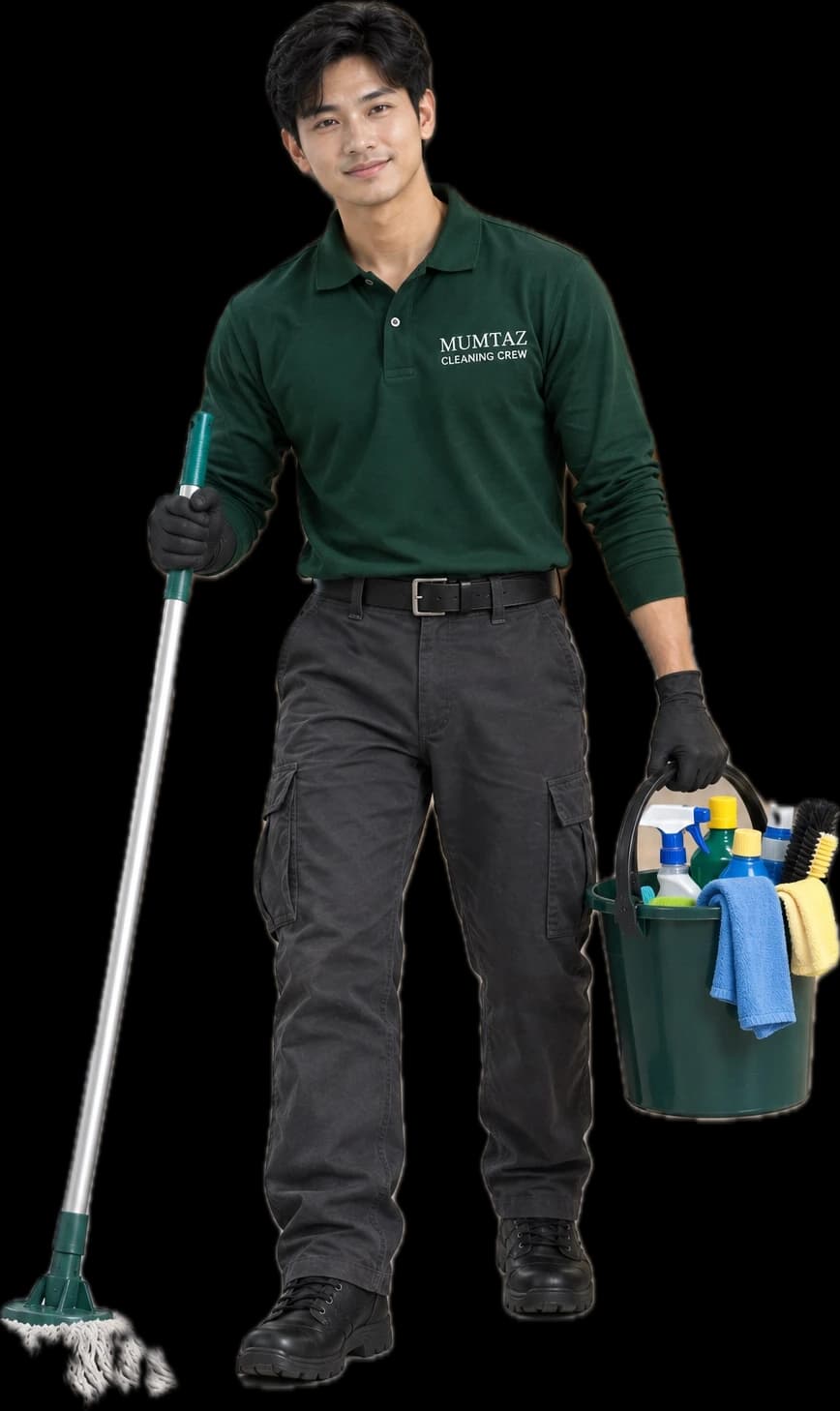 Cleaning crew member in the green MUMTAZ Cleaning Crew uniform with mop and bucket, full-length cut-out