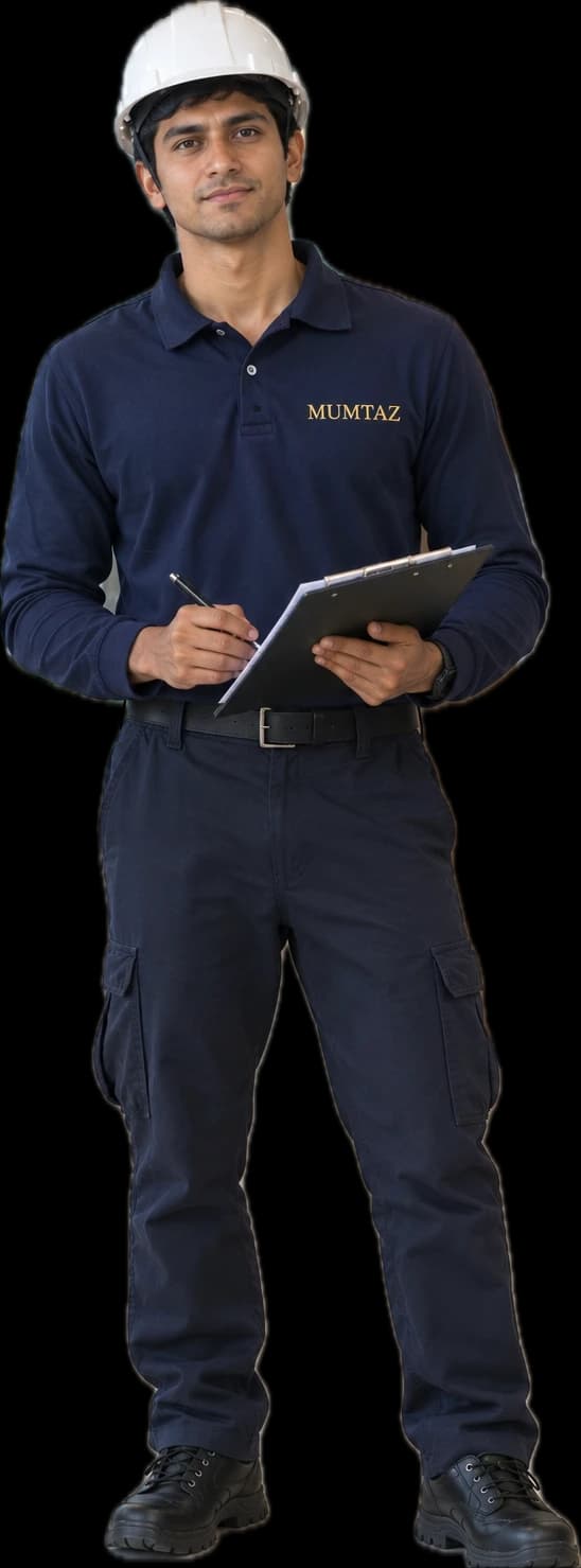 Facilities management supervisor in navy MUMTAZ uniform and hard hat with a clipboard, full-length cut-out
