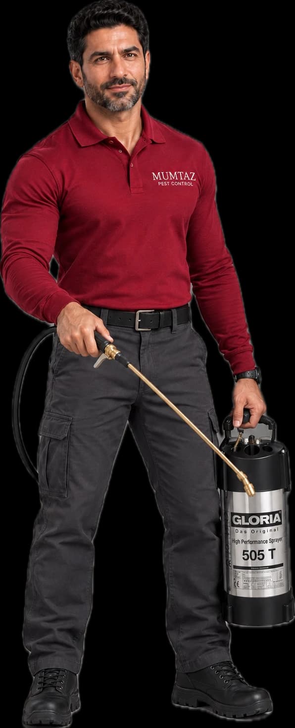Pest control technician in the red MUMTAZ Pest Control uniform holding a compression sprayer, full-length cut-out