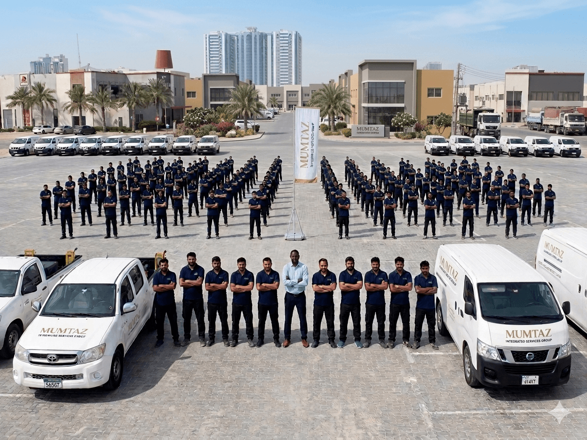 MUMTAZ Integrated Services Group team and fleet at Sharjah headquarters, UAE