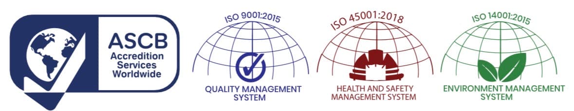 ISO 9001:2015 quality management, ISO 14001:2015 environmental management and ISO 45001:2018 occupational health and safety, accredited by ASCB